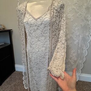 Vintage Beaded Lace Maxi Dress & Duster Set XL Ivory Boho Formal